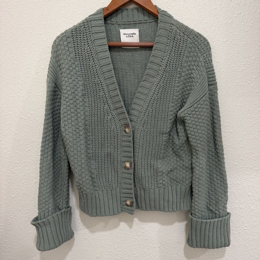 Abercrombie & Fitch Chunky Cable Knit Cardigan Sage Green Y2K Preppy Womens XS
